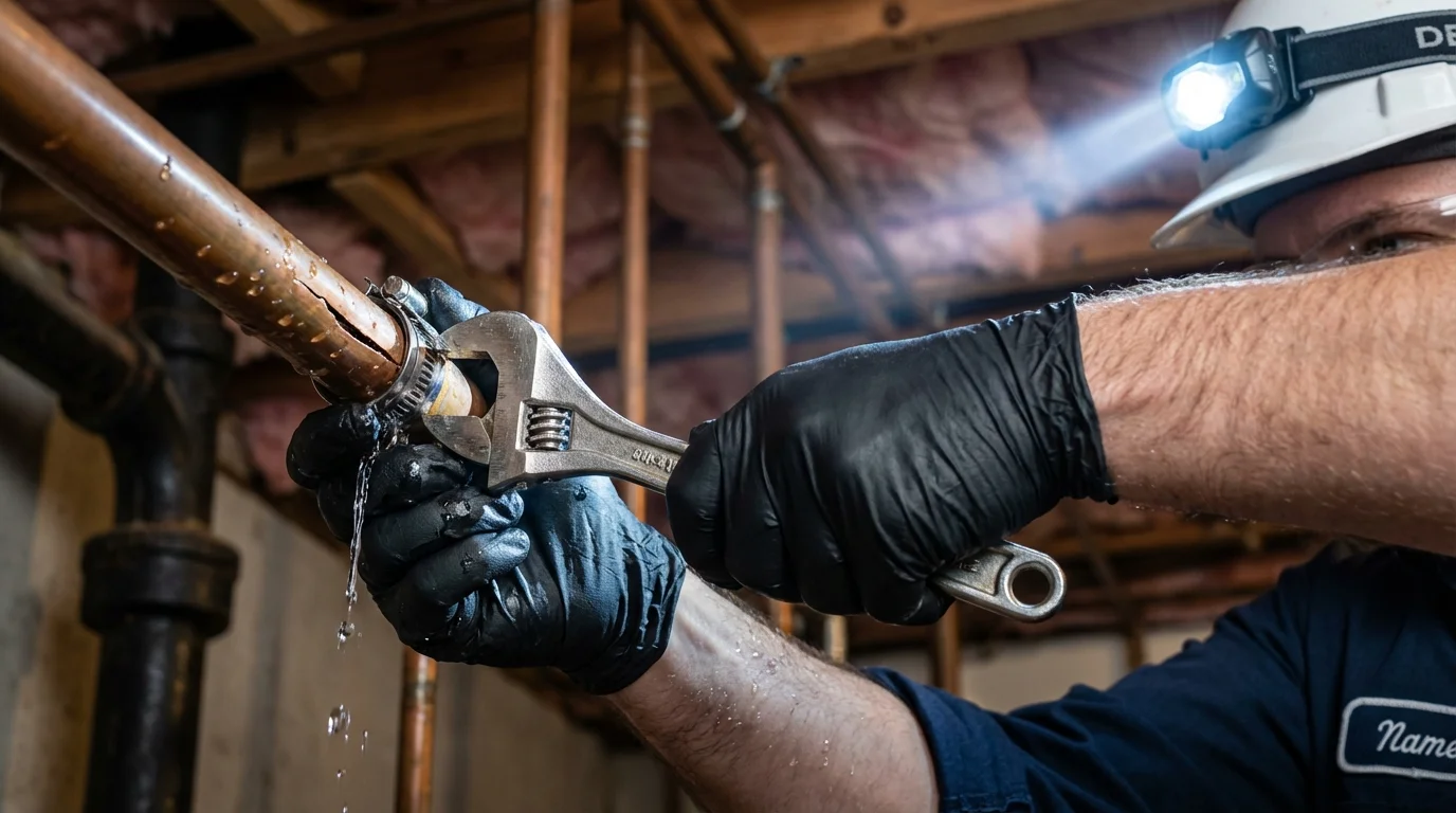 Emergency pipe clamp repair being performed by a Johns Plumbing LLC plumber in Arcade