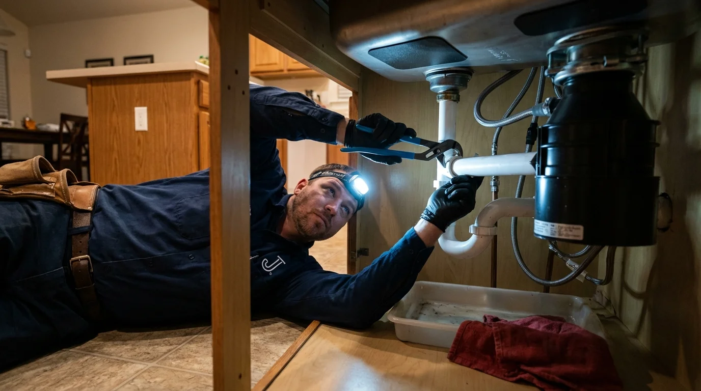 P-trap and supply line connections under a kitchen sink showing a common leak point in Arcade, NY